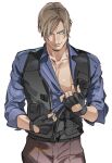  1boy bara belt black_belt black_gloves blue_eyes blue_shirt brown_hair brown_pants bulletproof_vest closed_mouth collared_shirt facial_hair fingerless_gloves gloves large_pectorals leon_s._kennedy looking_at_viewer male_focus muscular muscular_male pants partially_unzipped pectorals resident_evil resident_evil_6 shirt short_hair simple_background smile solo tatsumi_(psmhbpiuczn) white_background zipper_pull_tab 
