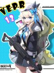  1girl absurdres beret black_jacket blonde_hair blue_bow blue_eyes bow breasts character_name copyright_name cowboy_shot girls&#039;_frontline grey_skirt gun hair_bow hat highres holding holding_gun holding_weapon jacket long_hair long_sleeves looking_at_viewer medium_breasts miniskirt nauc4338 open_clothes open_jacket open_mouth plaid plaid_skirt pleated_skirt shotgun side_ponytail skirt smile solo standing thigh_strap vepley_(girls&#039;_frontline_2) vepr-12 weapon white_headwear 