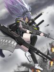  1girl animal_ears arknights assault_rifle black_hair black_shorts black_thighhighs blurry blurry_background cat_ears closed_mouth cloud cloudy_sky commentary depth_of_field english_commentary eye_trail fire floating_hair from_side glint green_eyes grey_jacket gun headphones headset highres holding holding_gun holding_weapon hood hood_down hooded_jacket jacket jessica_(arknights) jessica_the_liberated_(arknights) light_trail long_hair long_sleeves looking_ahead looking_down m4_carbine multicolored_hair outdoors ponytail profile puffy_long_sleeves puffy_sleeves purple_hair rifle shell_casing shoes short_shorts shorts sky solo streaked_hair thighhighs tofudofu trigger_discipline weapon white_footwear 