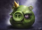  2010 angry_birds artist_name body_hair crown crown_only domestic_pig frown frown_eyebrows green_body green_lips green_skin half-closed_eyes headgear indigo_background king_pig lips mammal narrowed_eyes realistic sam_spratt signature suid suina sus_(pig) 