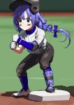  &gt;:) 1girl baseball_helmet baseball_uniform black_headwear black_pants blue_eyes blue_hair blue_socks blurry blurry_background braid closed_mouth commentary_request depth_of_field dirty dirty_clothes dirty_face facial_mark full_body gloves helmet highres layered_sleeves long_hair long_sleeves low_twintails nijisanji pants pettan_p shirt shoes short_over_long_sleeves short_sleeves smile socks solo sportswear squatting standing sweat twin_braids twintails v-shaped_eyebrows very_long_hair virtual_youtuber white_footwear white_gloves white_shirt yuuki_chihiro 