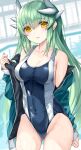  1girl bare_shoulders blush breasts cleavage collarbone competition_swimsuit covered_navel cowboy_shot dragon_girl dragon_horns fate/grand_order fate_(series) green_hair highres horns jacket kiyohime_(fate) large_breasts long_hair looking_at_viewer morizono_shiki off_shoulder one-piece_swimsuit open_clothes open_jacket parted_lips pool smile solo swimsuit thighs water yellow_eyes 