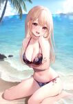  1girl :d bare_arms bare_legs bare_shoulders barefoot beach bikini black_bikini blonde_hair blurry bokeh breast_hold breasts cleavage day depth_of_field floral_print halterneck large_breasts long_hair looking_at_viewer mizukanayuki navel ocean open_mouth original outdoors print_bikini red_eyes side-tie_bikini_bottom sitting smile solo stomach strap_gap string_bikini swimsuit thighs wariza water wet 