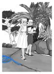  2girls absurdres arms_behind_back border bow closed_mouth dress full_body greyscale hair_bow high_heels highres holding hose kidu_(new_kidu) long_hair looking_at_viewer medium_hair monochrome multiple_girls neckerchief original outdoors palm_tree plant rock sandals shirt shirt_tucked_in shoes short_sleeves skirt sleeveless sleeveless_dress smile socks spot_color standing tree white_border 