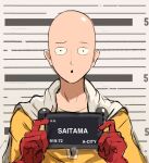 1boy :o bald bodysuit cape character_name gloves grey_cape highres holding holding_sign looking_at_viewer male_focus meme one-punch_man rakeemspoon red_gloves saitama_(one-punch_man) sign solo upper_body yellow_bodysuit 