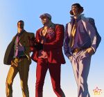  3boys afro artist_name black_hair blue_background borsalino_(kizaru) eye_mask flower formal hand_in_pocket hat highres kuzan_(aokiji) mc_dumb military_hat multiple_boys necktie one_piece pants pink_flower pink_rose rose sakazuki_(akainu) short_hair signature simple_background suit sunglasses yellow_suit 