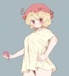  1girl aki_minoriko arinu blonde_hair blush breasts closed_mouth commentary_request cowboy_shot food fruit grapes grey_background hand_on_own_hip highres looking_at_viewer red_eyes red_headwear short_hair short_sleeves simple_background solo touhou 