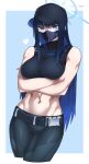  1girl abs bare_shoulders baseball_cap belt black_belt black_hair black_headwear black_mask black_pants black_shirt blue_archive blue_background blue_eyes breasts chest_harness commentary_request covered_collarbone crop_top cropped_legs crossed_arms groin halo harness hat heart highres ikusuke long_hair looking_at_viewer mask medium_breasts midriff mouth_mask muscular muscular_female navel pants partial_commentary saori_(blue_archive) shirt sleeveless sleeveless_shirt snap-fit_buckle solo standing 