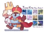  1boy 1girl armor belt blonde_hair blush boots brown_footwear brown_gloves cape carrying chain closed_eyes copyright_name crown dress full_armor gloves hand_up humibun74 jump_king jump_king_(character) long_hair new_babe_(jump_king) no_nose red_cape shadow smile v white_dress 