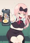  1girl aetherion arm_under_breasts bangs blunt_bangs blush bow breasts cellphone flying_sweatdrops fujiwara_chika hair_bow highres holding holding_phone kaguya-sama_wa_kokurasetai_~tensai-tachi_no_renai_zunousen~ laughing long_hair meme monkey neck_ribbon open_mouth phone red_ribbon ribbon sitting smartphone smile tearing_up tongue 