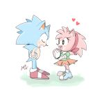  1boy 1girl amy_rose animal_ears artist_request blue_fur classic_amy_rose closed_eyes green_shirt heart hedgehog hedgehog_boy hedgehog_ears hedgehog_girl hedgehog_tail highres orange_skirt pink_fur shirt skirt sonic_(series) sonic_the_hedgehog sonic_the_hedgehog_(classic) sparkling_eyes tail 