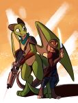  2023 anthro clothed clothing digital_media_(artwork) dragon duo enginetrap featureless_crotch fully_clothed green_body gun hi_res holding_gun holding_object holding_sword holding_weapon horn looking_at_another male malphas_(enginetrap) melee_weapon membrane_(anatomy) membranous_wings miles_(enginetrap) mostly_nude open_mouth open_smile ranged_weapon reptile scalie smile snake standing sword teeth weapon western_dragon wings 