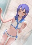  1girl bathroom bikini blue_bow blue_eyes blue_neckerchief blue_sailor_collar blurry blurry_background blush bow brown_eyes closed_mouth commentary_request flat_chest hair_between_eyes hakubaru hand_up idolmaster idolmaster_(classic) indoors kisaragi_chihaya long_hair looking_at_viewer navel neckerchief sailor_collar sailor_swimsuit_(idolmaster) solo steam stomach swimsuit thighs wavy_mouth wet wet_hair white_bikini 