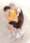  2boys aged_down black_shorts black_sweater_vest brown_hair collared_shirt full_body highres hood hoodie ilay_riegrow jeong_taeui k_sui0424 male_child male_focus multiple_boys parted_lips passion_(manhwa) shirt shorts sleeping socks sweater_vest white_hair white_shirt white_socks yellow_hoodie 