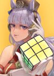  1girl absurdres animal_ears bare_shoulders blue_bow bow brown_headwear commentary_request dress ear_bow gloves gold_ship_(umamusume) grey_hair highres holding holding_toy horse_ears horse_girl long_hair looking_at_viewer pillbox_hat purple_eyes red_dress rubik&#039;s_cube simple_background sleeveless sleeveless_dress solo teeth tonariuta tongue tongue_out toy umamusume upper_body upper_teeth_only white_gloves yellow_background 