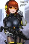  1girl black_jacket black_leotard blurry blurry_background breasts brown_hair brown_pantyhose commentary_request commission depth_of_field ear_protection elbow_gloves gloves grey_gloves groin gun hand_up headset highres holding holding_gun holding_weapon jacket leotard looking_at_viewer medium_breasts open_clothes open_jacket orange-tinted_eyewear original pantyhose parted_lips red_eyes signature smile solo sunao_(70_the) tinted_eyewear trigger_discipline weapon weapon_request 