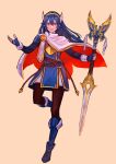  1girl absurdres alternate_costume blue_dress blue_eyes blue_footwear blue_gloves blue_hair boots brown_pantyhose cape closed_mouth commentary commission dress english_commentary falchion_(fire_emblem) fingerless_gloves fire_emblem fire_emblem_awakening floating_hair full_body gloves gold_trim hair_between_eyes highres lips long_hair long_sleeves looking_at_viewer lucina_(fire_emblem) pantyhose pink_lips red_cape sethkiel smile solo tiara two-tone_cape white_cape wing_hair_ornament yellow_background 