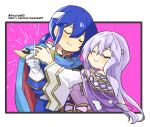  1boy 1girl blue_cape blue_hair brother_and_sister cape chibi circlet closed_eyes dancing dress fire_emblem fire_emblem:_genealogy_of_the_holy_war headband implied_incest jewelry julia_(fire_emblem) purple_cape purple_hair ring seliph_(fire_emblem) siblings simple_background white_headband wide_sleeves yukia_(firstaid0) 