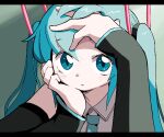  1girl aqua_hair aqua_necktie blue_eyes blush collared_shirt commentary detached_sleeves dokan_(dkn) dot_nose green_background grey_shirt hand_on_own_face hatsune_miku light_blush necktie parted_lips shirt solo twintails upper_body vocaloid 