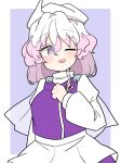  1girl border hair_between_eyes ini_(inunabe00) lapel_pin letty_whiterock light_purple_hair long_sleeves one_eye_closed open_mouth purple_eyes purple_vest shirt short_hair smile solo touhou upper_body vest white_border white_shirt 