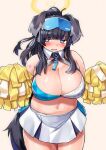  1girl animal_ears bare_shoulders black_hair blue_archive blue_eyes blush breasts cheerleader cleavage commentary_request cowboy_shot eyewear_on_head facial_mark goggles goggles_on_head halo hibiki_(blue_archive) hibiki_(cheer_squad)_(blue_archive) highres holding holding_pom_poms huge_breasts kagarimachi_konatsu long_hair looking_at_viewer navel pom_pom_(cheerleading) skirt solo star_(symbol) star_facial_mark tail yellow_halo 