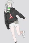  1girl ahoge collar commentary_request drawstring dress expressionless fanny_pack fishnet_socks fishnets foot_out_of_frame fuyuu_rei goggles goggles_around_neck green_collar green_eyes grey_background grey_hair highres hood hood_down hoodie long_hair long_sleeves looking_at_viewer outstretched_arm parted_lips print_hoodie scar scar_on_leg short_dress simple_background single_sock sleeveless sleeveless_dress socks solo standing standing_on_one_leg subaru_(sbr98) traffic_cone turning_head utau 