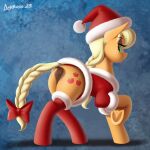  2023 accessory anus applejack_(mlp) blonde_hair bow_ribbon braided_hair braided_tail christmas christmas_clothing christmas_headwear christmas_legwear clothed clothed_feral clothing cutie_mark devo87 digital_media_(artwork) earth_pony equid equine female feral freckles friendship_is_magic furgonomics genitals green_eyes hair hasbro hat headgear headwear hi_res holidays hooves horse legwear long_hair looking_back mammal my_little_pony pony pussy ribbons santa_hat smile solo tail tail_accessory tail_bow tail_ribbon underhoof 