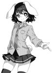  1girl animal_ears breast_pocket closed_mouth collared_shirt cowboy_shot greyscale hair_between_eyes inaba_tewi long_sleeves monochrome necktie onkn_sxkn pleated_skirt pocket rabbit_ears rabbit_tail shirt short_hair simple_background skirt smile solo tail thighhighs touhou white_background 