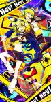  1boy 1girl aqua_eyes arrow_(symbol) artist_request backwards_hat blonde_hair blurry blurry_background caution_tape chain-link_fence choker commentary depth_of_field fence foreshortening full_body hair_ornament hairpin hat headphones heart heart_hands heterochromia highres holding holding_microphone hood hoodie kagamine_len kagamine_rin low_ponytail medium_hair microphone nail_polish non-web_source open_mouth reaching reaching_towards_viewer rettou_joutou_(vocaloid) road_sign sailor_collar sign source_request stop_sign vocaloid yellow_nails 