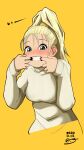  1girl blonde_hair blue_eyes blush breasts chrono_trigger dated finger_in_own_mouth hi-3 highres long_hair looking_at_viewer marle_(chrono_trigger) ponytail simple_background solo sweater turtleneck turtleneck_sweater 