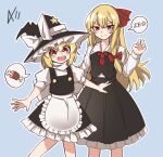  &gt;:) 2girls :d a-xii apron black_skirt black_vest blonde_hair blue_background bow breasts buttons cosplay costume_switch feet_out_of_frame frilled_skirt frills hair_bow hair_ribbon hat hat_bow hat_ornament highres kirisame_marisa kirisame_marisa_(cosplay) long_hair looking_at_viewer multiple_girls neck_bobbles necktie outstretched_arms puffy_short_sleeves puffy_sleeves red_eyes red_necktie red_ribbon ribbon rumia rumia_(cosplay) sharp_teeth shirt short_hair short_sleeves simple_background single_sidelock skirt skirt_set small_breasts smile spoken_meat star_(symbol) star_hat_ornament teeth touhou turtleneck v-shaped_eyebrows vest waist_apron white_apron white_shirt witch_hat ze_(phrase) 