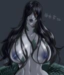  1girl black_background black_hair black_lips black_sclera breasts collarbone colored_nipples colored_sclera colored_skin colored_tongue commentary completely_nude drill_(emilio) fangs grey_skin hair_over_breasts hair_over_one_eye highres huge_breasts long_hair looking_at_viewer monster_girl navel nioh_2 nipples nude nure-onna_(nioh) nure_onna open_mouth purple_nipples purple_tongue red_eyes scales simple_background slit_pupils solo traditional_youkai translated upper_body 