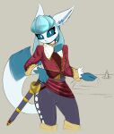  absurd_res anthro bottomwear bulge clothed clothing eeveelution generation_4_pokemon girly glaceon hi_res lacie_(skoon) looking_at_viewer male melee_weapon nintendo pants pirate pokemon pokemon_(species) pokemorph skoon solo sword tight_bottomwear tight_clothing tight_pants uniform weapon 