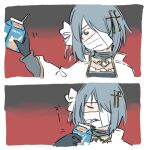  1girl bandage_on_face bandaged_head bandages bendy_straw blue_hair cape carton collared_cape covered_mouth drinking drinking_straw drinking_straw_in_mouth fortissimo hair_ornament holding_carton magical_girl mahou_shoujo_madoka_magica mahou_shoujo_madoka_magica:_walpurgis_no_kaiten miki_sayaka milk milk_carton musical_note musical_note_hair_ornament python_octopus short_hair white_cape 