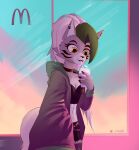  absurd_res anthro beverage bottomwear canid canine canis clothing collar crop_top ear_piercing female five_nights_at_freddy&#039;s five_nights_at_freddy&#039;s:_security_breach fur green_hair grey_body grey_fur grey_hair hair hi_res hoodie kuwsh legwear mammal mcdonald&#039;s milkshake piercing restaurant roxanne_wolf_(fnaf) scottgames selfie shirt shorts solo steel_wool_studios straw tights topwear wolf yellow_eyes 