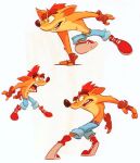  1boy brown_gloves crash_bandicoot crash_bandicoot_(series) crashxfusion fingerless_gloves gloves highres multiple_views open_mouth shoes shorts simple_background teeth white_background 