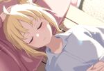  1girl blonde_hair blush bocchi_the_rock! closed_eyes closed_mouth collared_shirt female_pov highres ijichi_nijika long_hair long_sleeves pov shirt sleeping solo upper_body white_shirt xion_(pulilulu) 