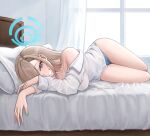  1girl absurdres aqua_panties asuna_(blue_archive) bed blue_archive blue_panties blush breasts collarbone fingernails grin hair_over_one_eye halo highres ilbanseomin indoors large_breasts light_brown_hair looking_at_viewer lying nail_polish on_bed on_side one_eye_covered panties revision shirt smile solo teeth underwear white_shirt window 