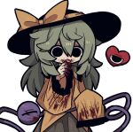  1girl black_eyes black_headwear blood blood_on_clothes blood_on_face blood_on_hands blood_on_mouth blood_stain collared_shirt empty_eyes frilled_shirt frilled_shirt_collar frilled_sleeves frills green_hair green_skirt hair_between_eyes hand_to_own_mouth hat hat_ribbon heart komeiji_koishi licking long_hair long_sleeves ribbon shirt simple_background skirt sleeves_past_fingers sleeves_past_wrists third_eye tongue tongue_out touhou white_background yellow_ribbon yellow_shirt zunusama 