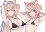  2girls :q animal_ear_fluff animal_ears armpits arms_behind_head arms_up bandaid_hair_ornament bikini black_bikini blonde_hair blue_eyes blue_hair blue_hairband breasts butabanahanafukku crossed_bangs dog_ears dog_girl fake_horns fang fuwawa_abyssgard hair_between_eyes hair_intakes hair_ornament hairband hairclip halterneck highres hololive hololive_english horns large_breasts long_hair looking_at_viewer micro_bikini mococo_abyssgard multicolored_hair multiple_girls open_mouth pink_eyes pink_hair pink_hairband short_hair siblings simple_background sisters skin_fang small_breasts smile streaked_hair swimsuit tongue tongue_out twins two_side_up underboob upper_body virtual_youtuber white_background x_hair_ornament 