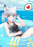  1girl animal_ear_fluff animal_ears black_one-piece_swimsuit blue_archive blue_eyes blue_innertube blush breasts closed_mouth competition_swimsuit cross_hair_ornament earrings extra_ears grey_hair hair_ornament halo hand_on_own_stomach hand_up highres innertube jewelry looking_at_viewer mismatched_pupils official_alternate_costume one-piece_swimsuit ponytail shiroko_(blue_archive) shiroko_(swimsuit)_(blue_archive) sky small_breasts solo swimsuit water wolf_ears yueyueyue_yao 