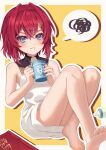  1girl ange_katrina annoyed baby_bottle blue_eyes blush book bottle cup dress hair_between_eyes hair_intakes hair_ornament highres holding holding_cup knees_together_feet_apart looking_at_viewer messy_hair nijisanji off_shoulder red_hair scribble shirokane212 short_hair solo speech_bubble thighs virtual_youtuber 