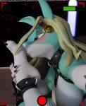  3d_(artwork) absurd_res anthro bbdworks blonde_hair blush canid canine cuff_(restraint) daz3d digital_media_(artwork) feet female foot_fetish foot_sniffing fox green_body green_skin hair harness hi_res ippan_josei leather_cuffs mammal my_hero_academia restraints selfie sniffing solo 