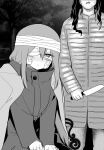  1girl 2girls absurdres bandage_over_one_eye bandaged_head bandages bandaid bandaid_on_cheek bandaid_on_face bandaid_on_hand bench bruise bruised_eye greyscale highres holding holding_knife hood hoodie injury jacket kitchen_knife knife kuga_tsuniya long_hair long_sleeves monochrome mother_and_daughter multiple_girls night on_bench open_clothes open_jacket original outdoors park park_bench sidelocks sitting smile standing 