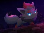  blue_eyes bright_pupils closed_mouth commentary_request kemonobito looking_at_viewer night no_humans outdoors pokemon pokemon_(creature) sky smile solo white_pupils zorua 