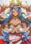  1girl blue_hair blush bracelet breasts cleavage closed_eyes collarbone cowboy_shot crown dress falling_petals fire_emblem fire_emblem_engage highres holding jewelry large_breasts long_hair lumera_(fire_emblem) magion02 petals simple_background smile solo strapless veil very_long_hair white_dress 