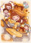  2boys 2girls blunt_bangs braid brown_hair butter closed_eyes colored_pencil_(medium) eggshell food food-themed_hat fork highres holding holding_fork holding_ladle iwasaki_mayuko ladle milk_carton morinaga_(brand) multiple_boys multiple_girls open_mouth original pancake pancake_stack smile syrup thought_bubble traditional_media twin_braids twintails upper_body 