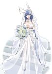  1girl absurdres animal_ears azur_lane blue_hair bouquet breasts cleavage dress flower gloves highres holding holding_bouquet large_breasts long_hair looking_at_viewer new_jersey_(azur_lane) new_jersey_(snow-white_ceremony)_(azur_lane) official_alternate_costume rabbit_ears rose see-through see-through_skirt sitting skirt wedding_dress white_flower white_rose xinsaki 