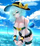  1girl absurdres bikini black_headwear blue_sky bow bowtie breasts bright_pupils cleavage closed_mouth cloud commentary english_commentary frilled_bikini frills green_bikini green_eyes hair_between_eyes hat hat_bow heart heart_of_string highres horizon komeiji_koishi large_breasts light_green_hair medium_hair outdoors sky smile solo swimsuit thigh_strap third_eye touhou wading white_pupils wrist_cuffs xen0moonz yellow_bow yellow_bowtie 