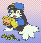  2021 anthro bandai_namco bisonvega black_body black_fur blue_clothing blue_hat blue_headwear blue_shirt blue_topwear burger checkered_background clothing domestic_cat eating fangs felid feline felis food fur gloves handwear hat headgear headwear klonoa klonoa_(series) male mammal open_mouth pattern_background shirt simple_background solo teeth text topwear white_body white_fur yellow_clothing yellow_gloves yellow_handwear yellow_sclera young 